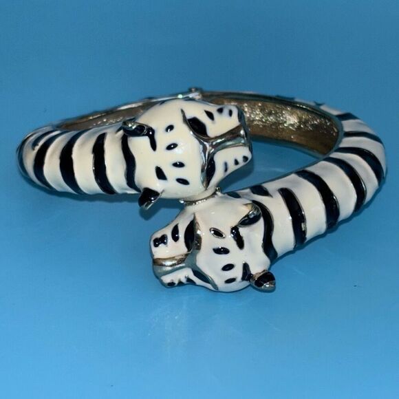 Vintage Alilang enamel twin tiger bracelet clamp cuff black/white marked - Picture 1 of 10